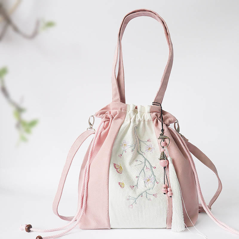 Buddha Stones Embroidered Grass Flowers Cherry Blossom Canvas Tote Crossbody Bag Shoulder Bag Handbag - Cherry Blossom Pink White 28*30cm - image 11