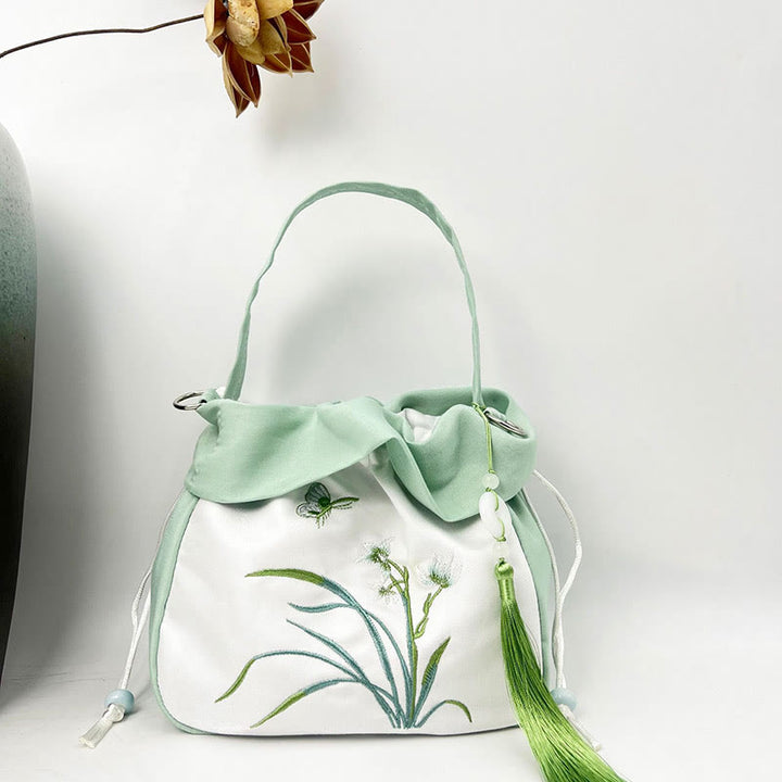 Buddha Stones Suzhou Embroidery Camellia Magnolia Peony Lotus Silk Tote Crossbody Bag Shoulder Bag Handbag - Light Green Orchid Grass 20*20*7cm - image 16