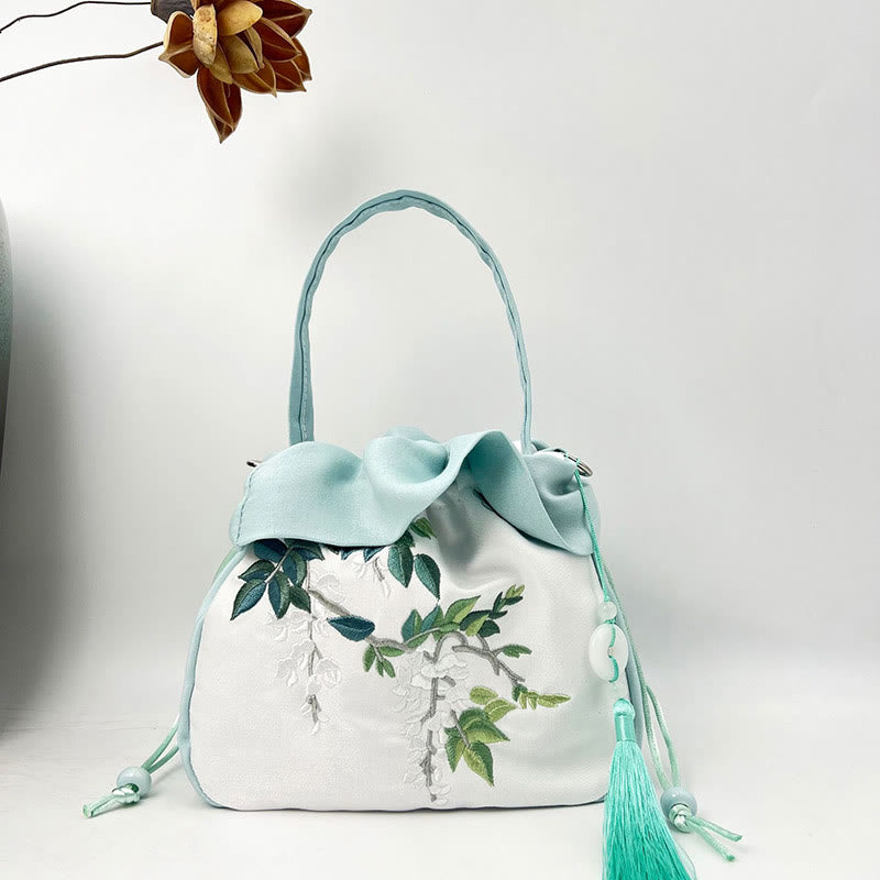 Buddha Stones Suzhou Embroidery Camellia Magnolia Peony Lotus Silk Tote Crossbody Bag Shoulder Bag Handbag - Light Green Wisteria 20*20*7cm - image 18