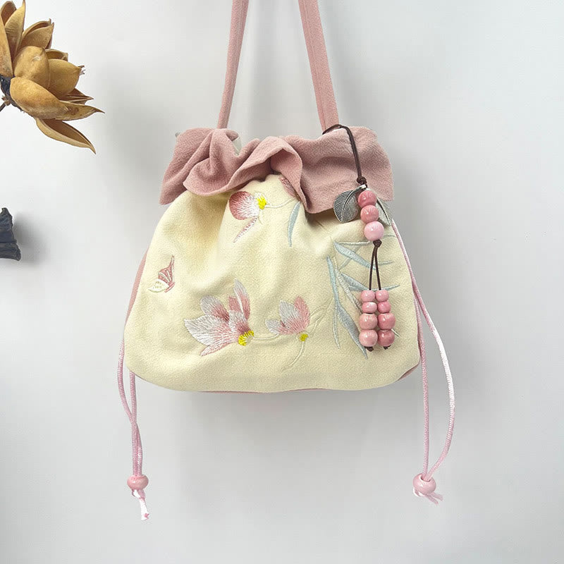 Buddha Stones Suzhou Embroidery Lotus Epiphyllum Magnolia Cotton Linen Tote Crossbody Bag Shoulder Bag Handbag - Pink Beige Magnolia 20*20*7cm - image 21