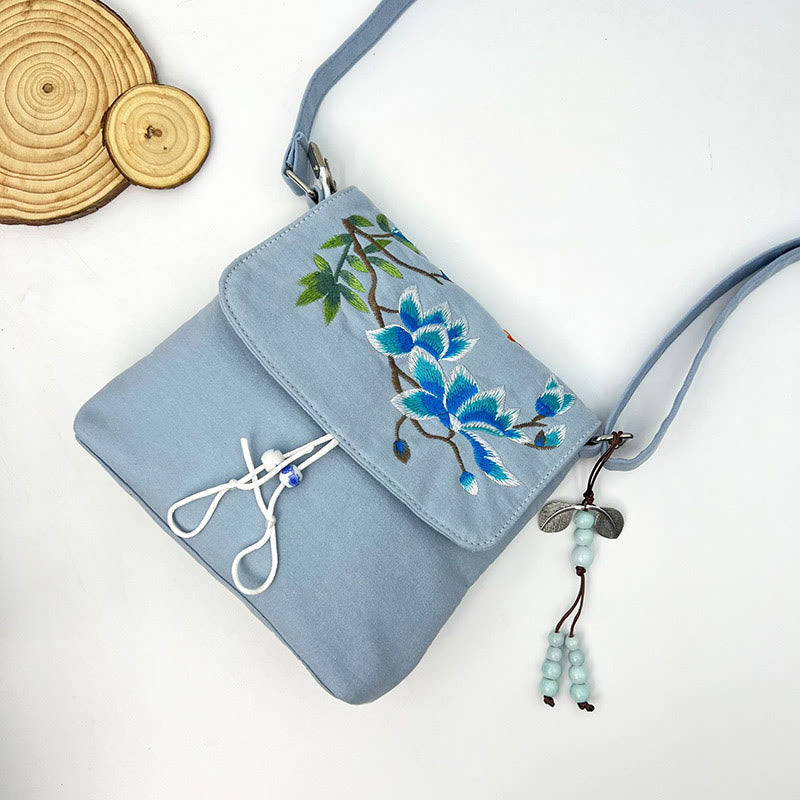 Buddha Stones Embroidered Camellia Epiphyllum Gardenia Sakura Flowers Crossbody Bag Shoulder Bag Cellphone Bag - Blue Magnolia 20*18*6cm - image 23