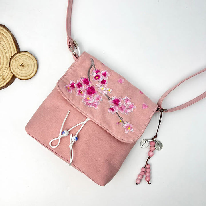Buddha Stones Embroidered Camellia Epiphyllum Gardenia Sakura Flowers Crossbody Bag Shoulder Bag Cellphone Bag - Pink Sakura 20*18*6cm - image 27