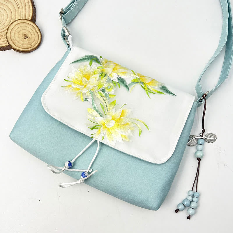 Buddha Stones Embroidered Camellia Epiphyllum Gardenia Sakura Flowers Crossbody Bag Shoulder Bag Cellphone Bag - Light Green Epiphyllum 23*19*3.5cm - image 30