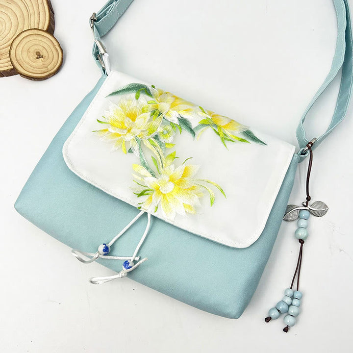 Buddha Stones Embroidered Camellia Epiphyllum Gardenia Sakura Flowers Crossbody Bag Shoulder Bag Cellphone Bag - Light Green Epiphyllum 23*19*3.5cm - image 30