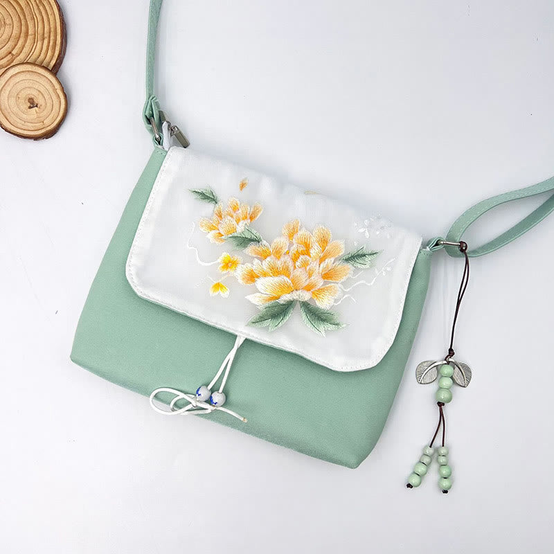 Buddha Stones Embroidered Camellia Epiphyllum Gardenia Sakura Flowers Crossbody Bag Shoulder Bag Cellphone Bag - Green Gold Peony 23*19*3.5cm - image 34