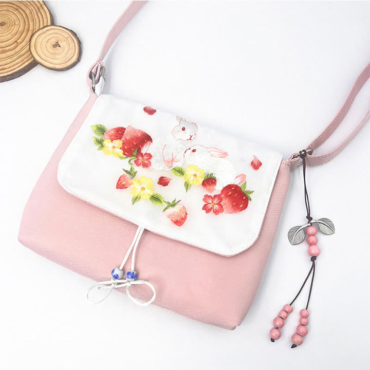 Buddha Stones Embroidered Camellia Epiphyllum Gardenia Sakura Flowers Crossbody Bag Shoulder Bag Cellphone Bag - Light Pink Strawberry Rabbit 23*19*3.5cm - image 39