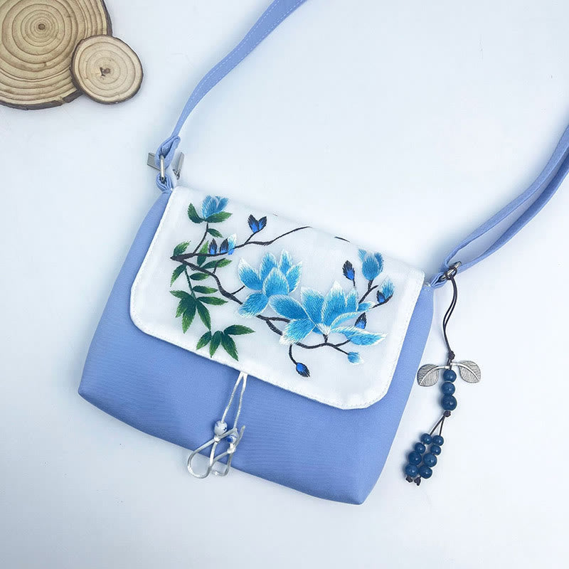 Buddha Stones Embroidered Camellia Epiphyllum Gardenia Sakura Flowers Crossbody Bag Shoulder Bag Cellphone Bag - Sky Blue Magnolia 23*19*3.5cm - image 42