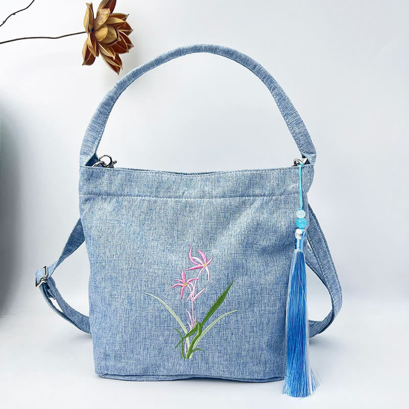 Buddha Stones Embroidery Wisteria Plum Lotus Cherry Blossom Cotton Linen Canvas Tote Crossbody Bag Shoulder Bag Handbag - Light Blue Orchid Grass 19*20*10cm - image 17