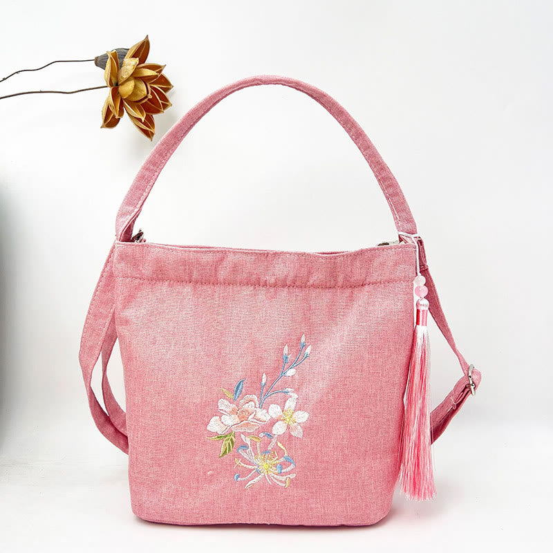 Buddha Stones Embroidery Wisteria Plum Lotus Cherry Blossom Cotton Linen Canvas Tote Crossbody Bag Shoulder Bag Handbag - Pink Peach Blossom 19*20*10cm - image 25