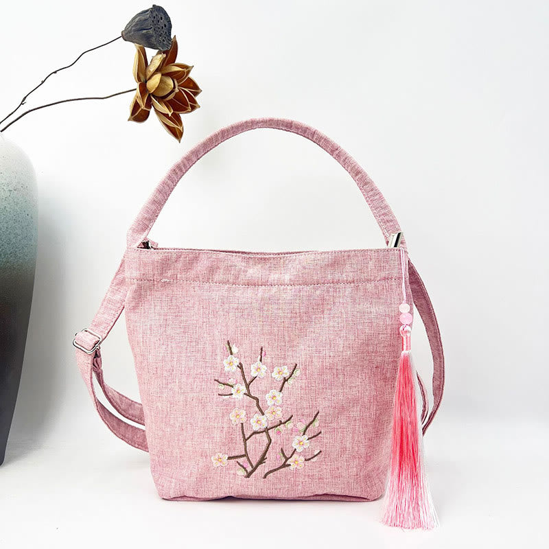 Buddha Stones Embroidery Wisteria Plum Lotus Cherry Blossom Cotton Linen Canvas Tote Crossbody Bag Shoulder Bag Handbag - Light Pink Plum Blossom 19*20*10cm - image 31