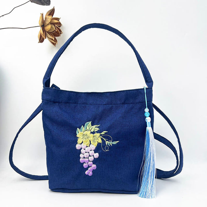 Buddha Stones Embroidery Wisteria Plum Lotus Cherry Blossom Cotton Linen Canvas Tote Crossbody Bag Shoulder Bag Handbag - Navy Blue Grape 19*20*10cm - image 44