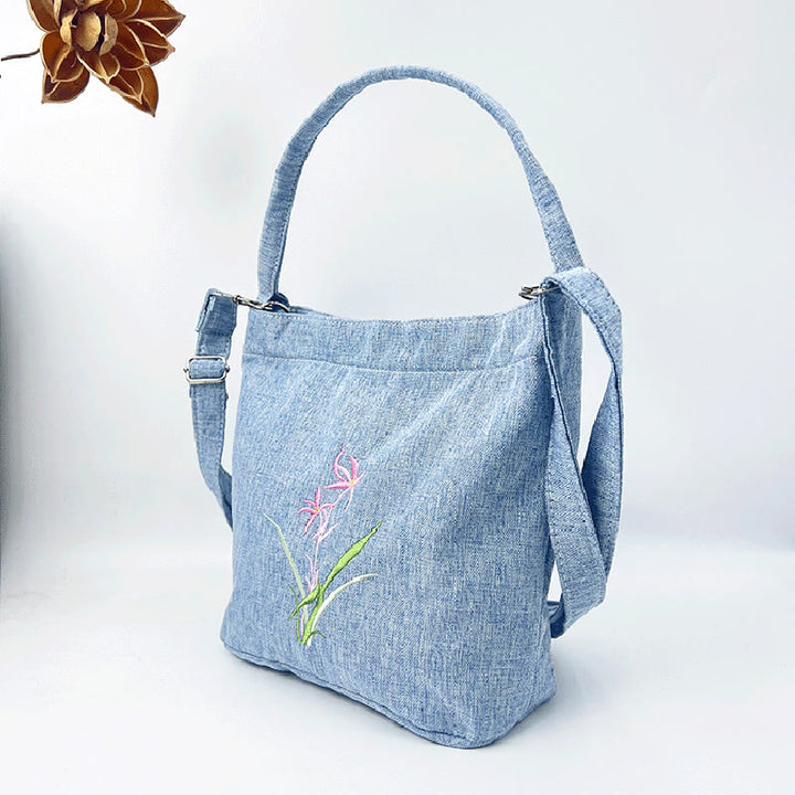 Buddha Stones Embroidery Wisteria Plum Lotus Cherry Blossom Cotton Linen Canvas Tote Crossbody Bag Shoulder Bag Handbag - image 18