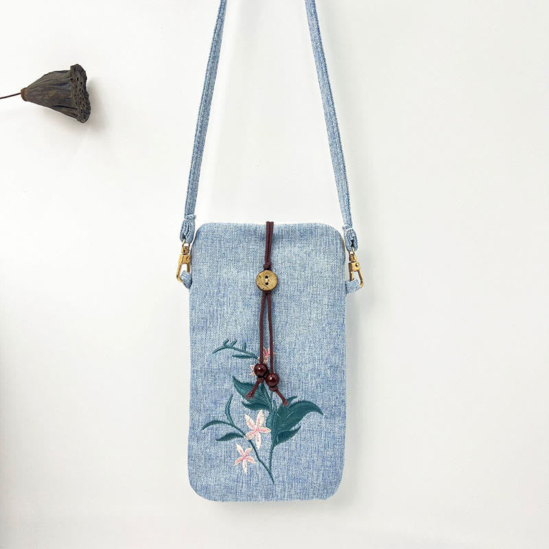 Buddha Stones Small Embroidered Flowers Crossbody Bag Shoulder Bag Cellphone Bag 11*20cm - Light Blue Pink Flower 11*20cm - image 18
