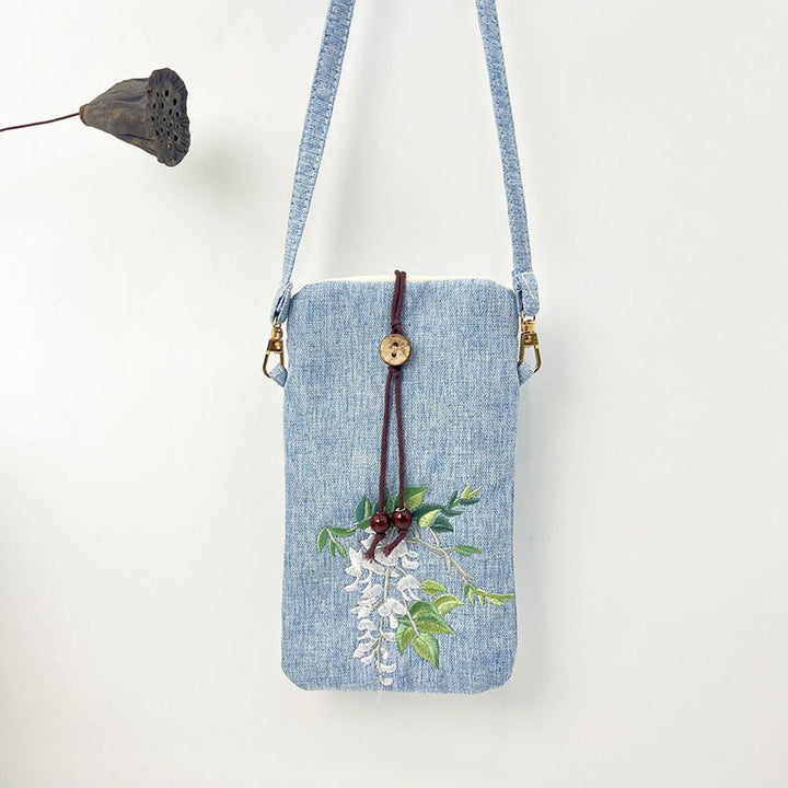 Buddha Stones Small Embroidered Flowers Crossbody Bag Shoulder Bag Cellphone Bag 11*20cm - Light Blue Wisteria Flower  11*20cm - image 32