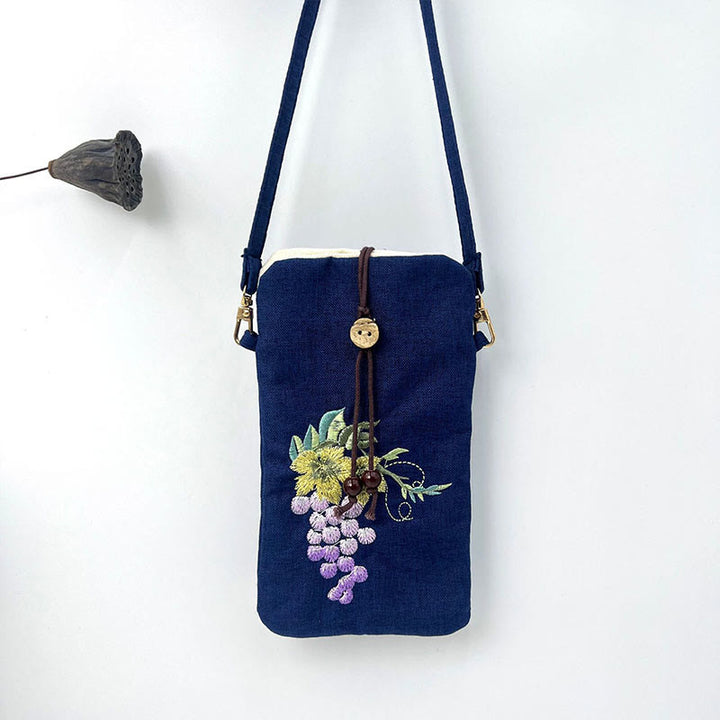Buddha Stones Small Embroidered Flowers Crossbody Bag Shoulder Bag Cellphone Bag 11*20cm - Dark Blue Grape 11*20cm - image 36