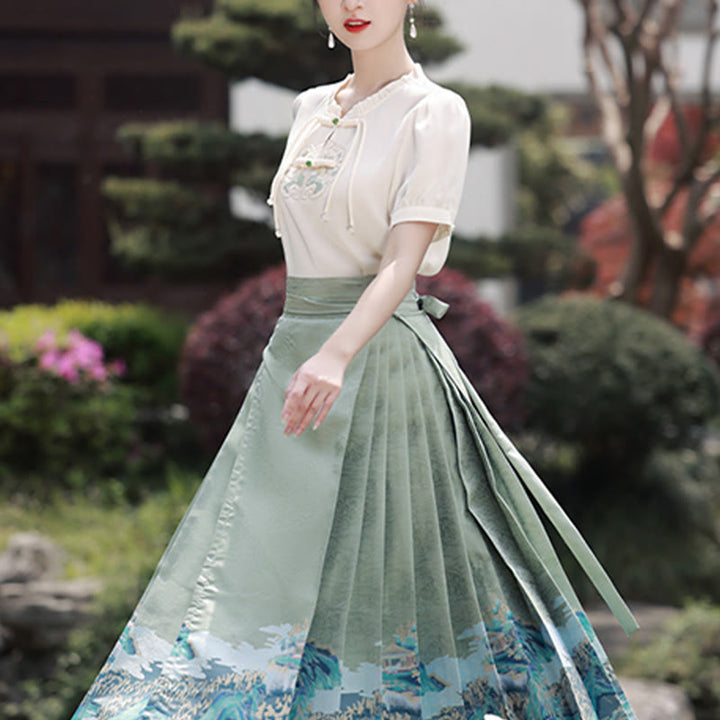 Buddha Stones Green Rivers Mountains Printed Chinese Hanfu Horse Face Skirt Mamianqun