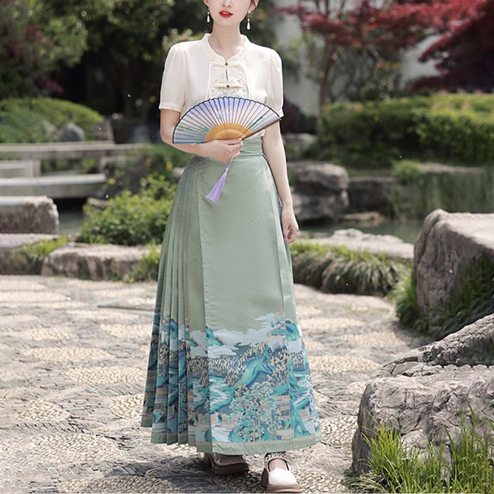 Buddha Stones Green Rivers Mountains Printed Chinese Hanfu Horse Face Skirt Mamianqun