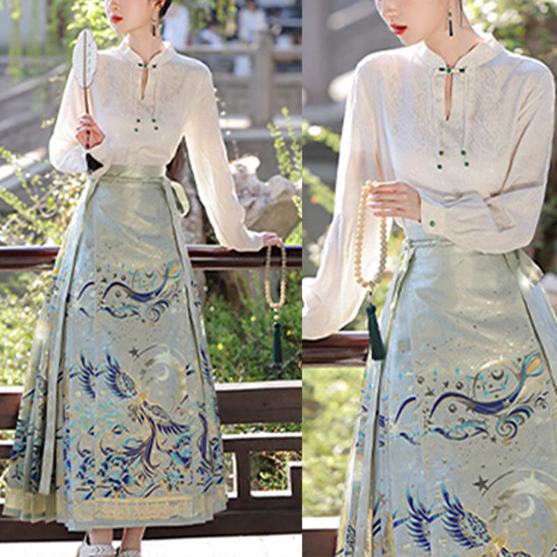 Buddha Stones Green Phoenix Printed Chinese Hanfu Horse Face Skirt Mamianqun