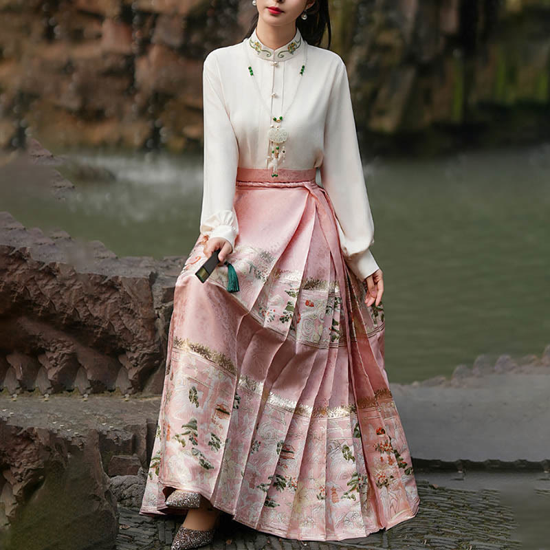 Buddha Stones Chinese Hanfu Pink Peach Garden Printed Horse Face Skirt Mamianqun