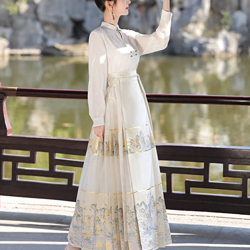 Buddha Stones Beige A Panorama of Rivers and Mountains Printed Chinese Hanfu Horse Face Skirt Mamianqun