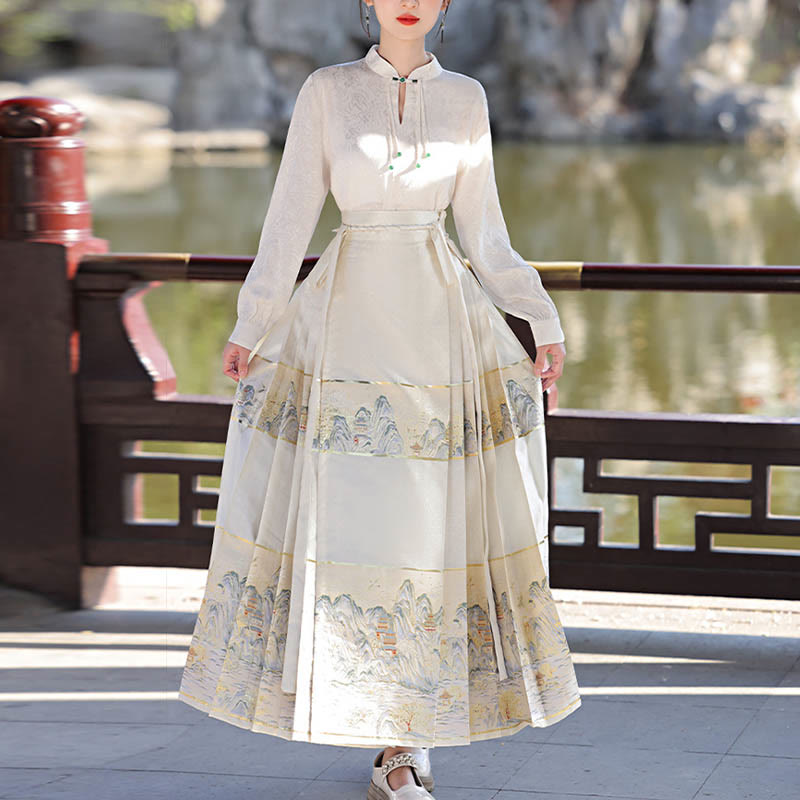 Buddha Stones Beige A Panorama of Rivers and Mountains Printed Chinese Hanfu Horse Face Skirt Mamianqun