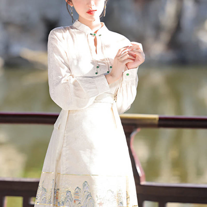 Buddha Stones Beige A Panorama of Rivers and Mountains Printed Chinese Hanfu Horse Face Skirt Mamianqun