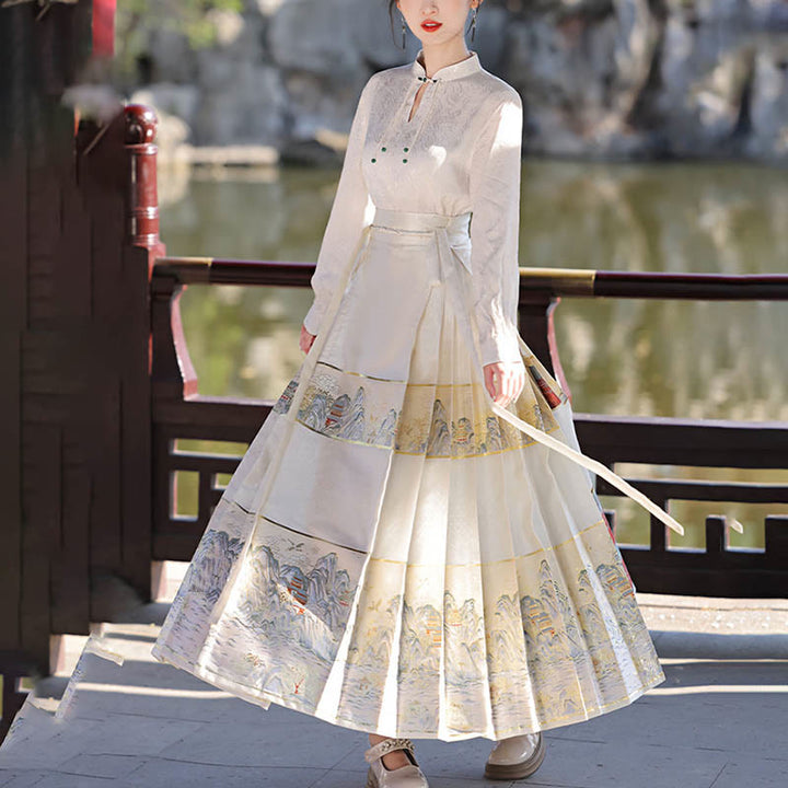 Buddha Stones Beige A Panorama of Rivers and Mountains Printed Chinese Hanfu Horse Face Skirt Mamianqun