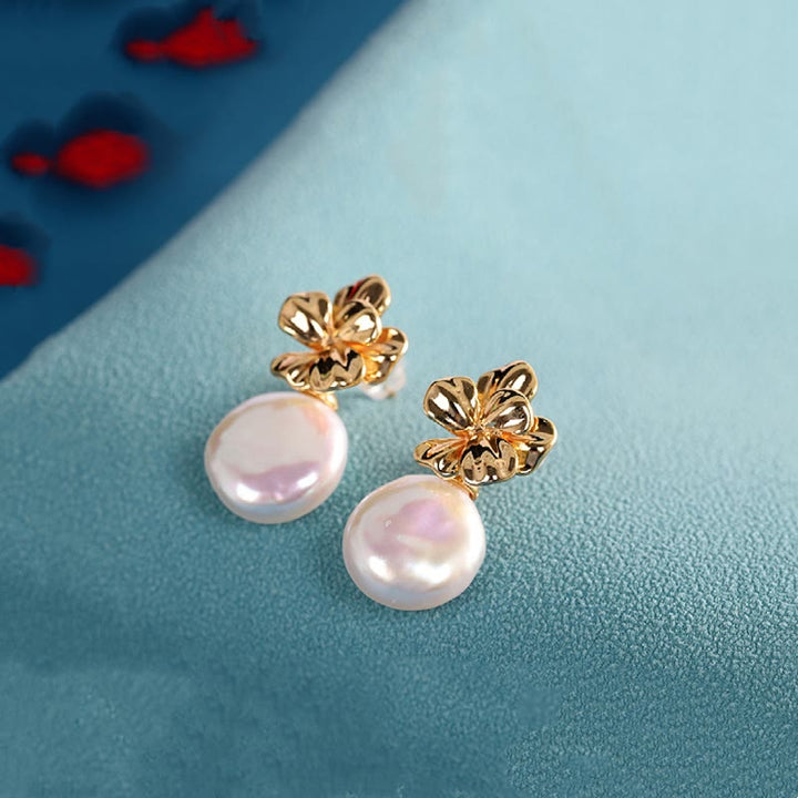 Buddha Stones 925 Sterling Silver Natural Baroque Pearl Flower Healing Drop Earrings - image 3
