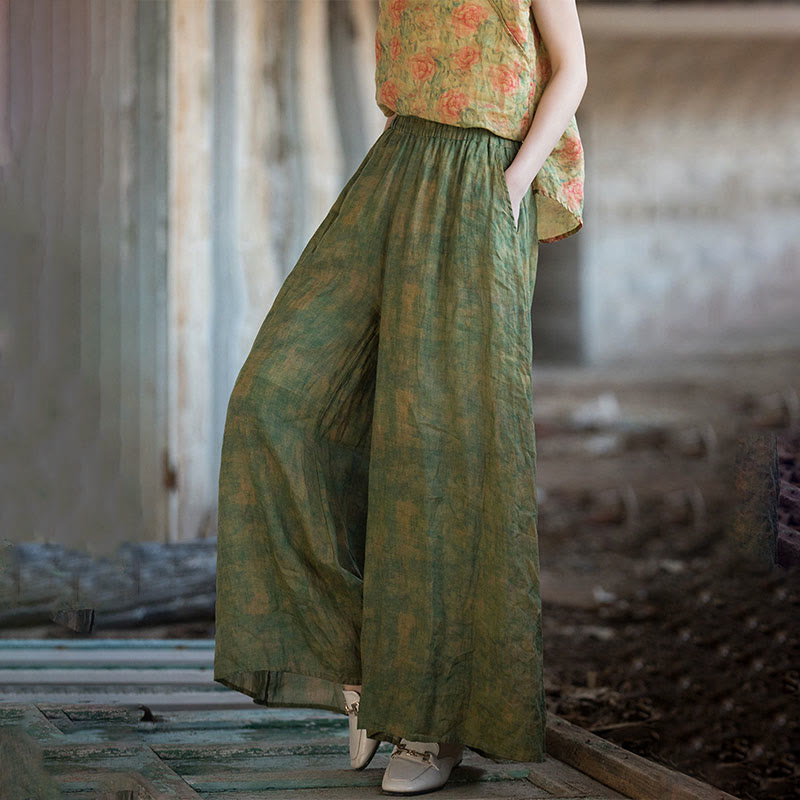 Buddha Stones Green Yellow Ramie Linen Flexible Waistband Wide Leg Pants With Pockets