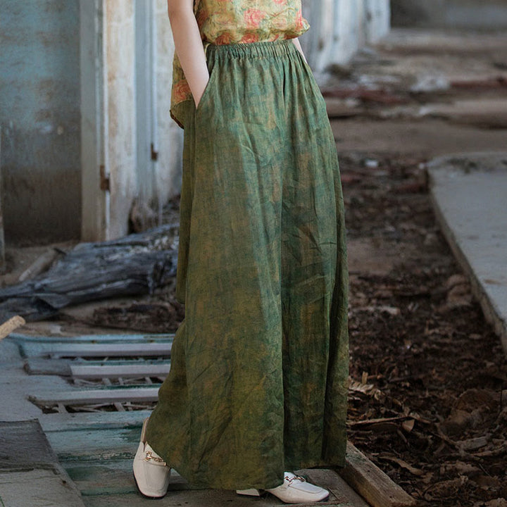 Buddha Stones Green Yellow Ramie Linen Flexible Waistband Wide Leg Pants With Pockets