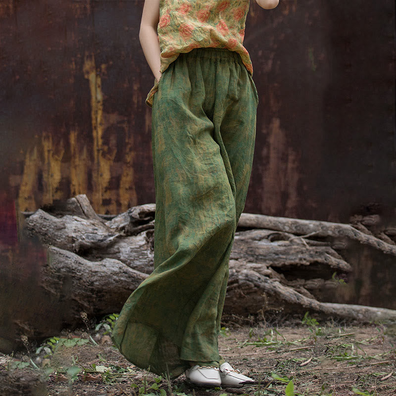 Buddha Stones Green Yellow Ramie Linen Flexible Waistband Wide Leg Pants With Pockets