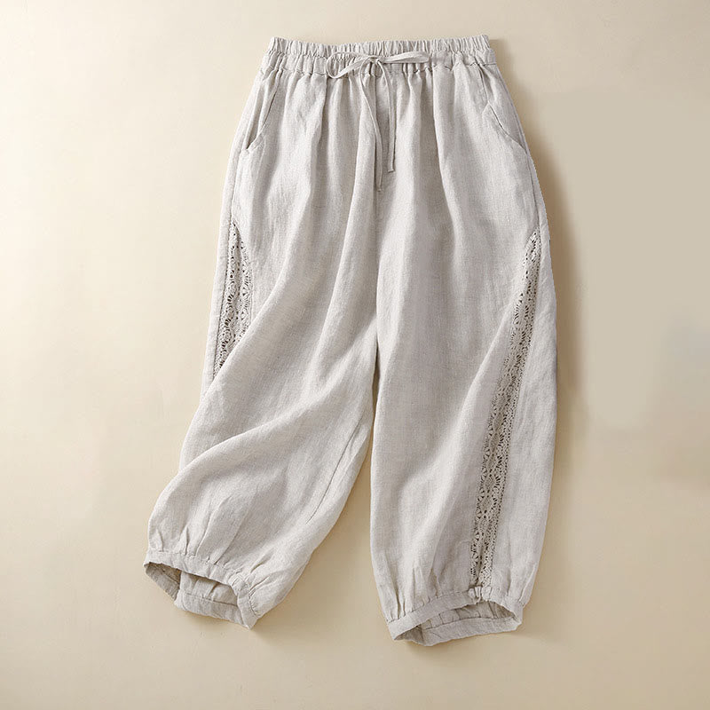 Buddha Stones Solid Color Flower Loose Drawstring Harem Pants With Pockets - Beige - US8-10，UK/AU12-14，EU40-42 (2XL) - image 1