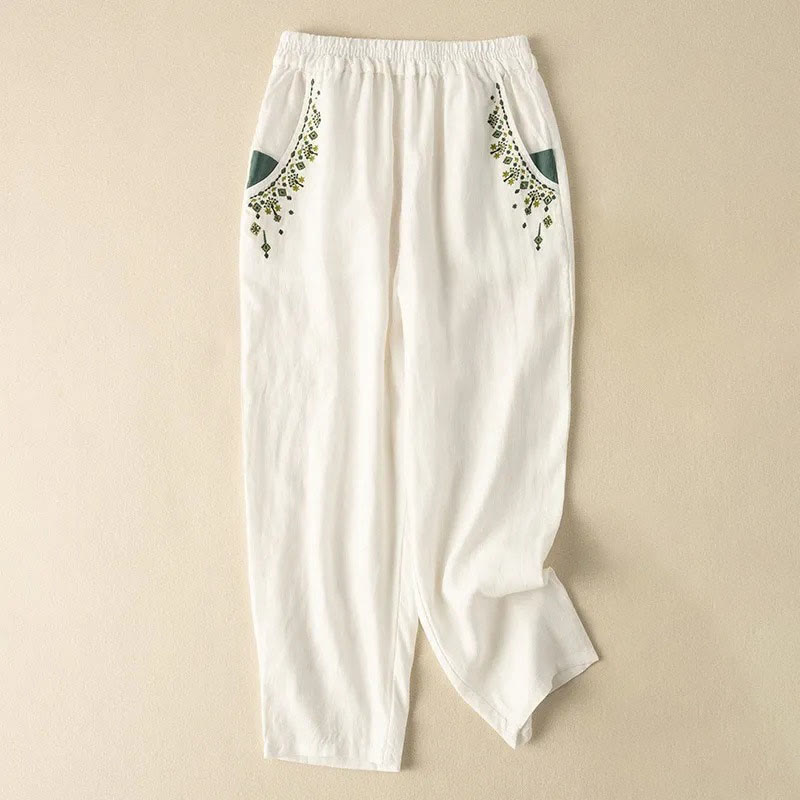 Buddha Stones Vintage Embroidery Elastic Waist Capri Harem Pants With Pockets - White - US14，UK/AU18，EU46 (4XL) - image 5