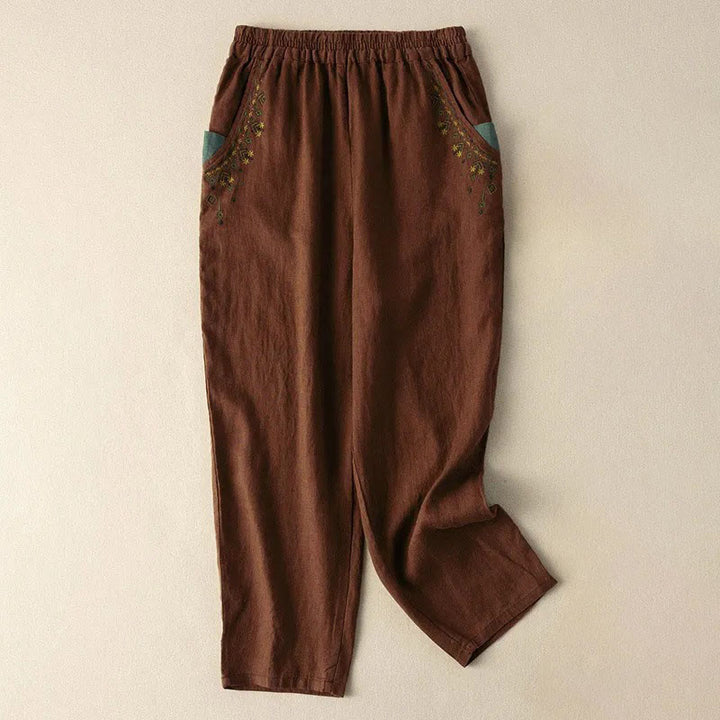 Buddha Stones Vintage Embroidery Elastic Waist Capri Harem Pants With Pockets - Brown - US14，UK/AU18，EU46 (4XL) - image 10