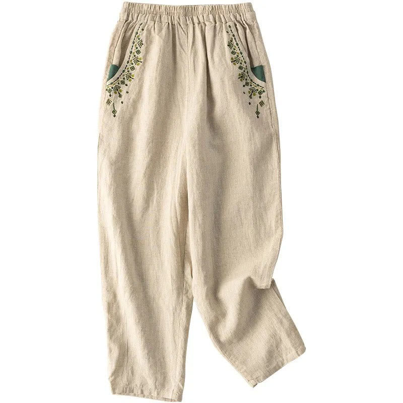 Buddha Stones Vintage Embroidery Elastic Waist Harem Pants With Pockets