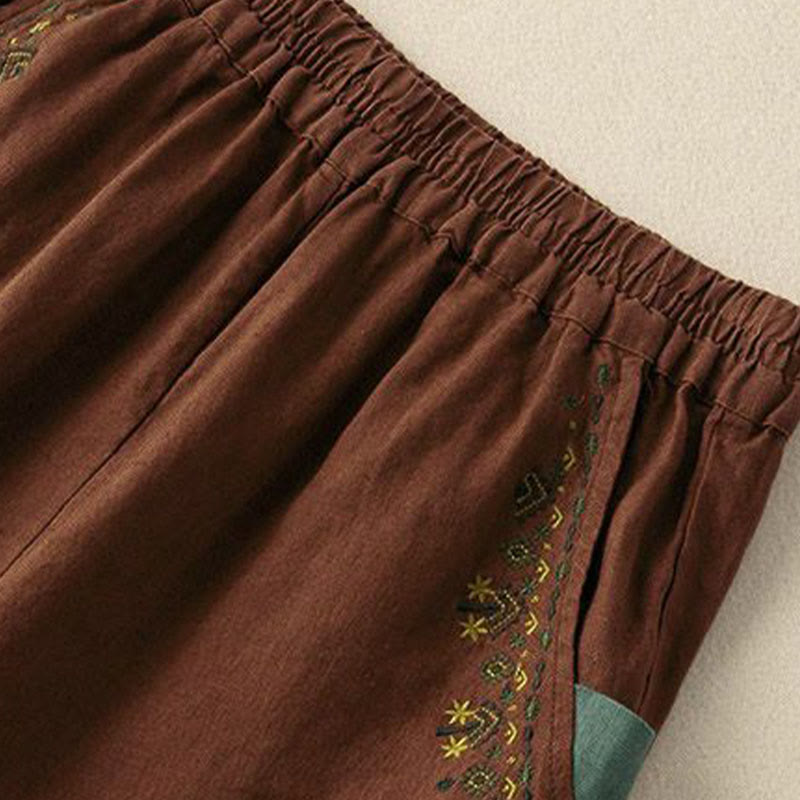 Buddha Stones Vintage Embroidery Elastic Waist Capri Harem Pants With Pockets - image 11