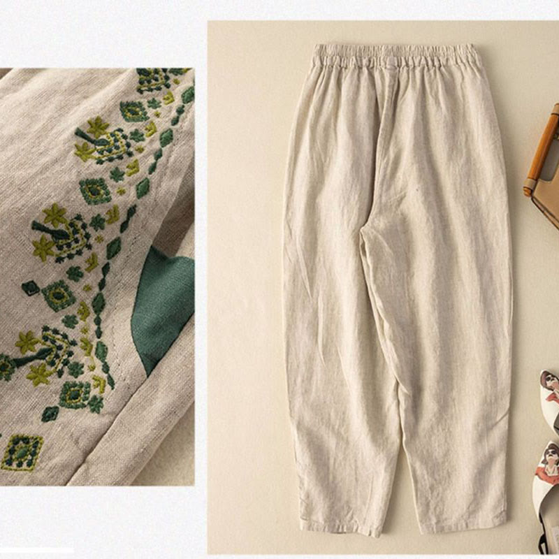 Buddha Stones Vintage Embroidery Elastic Waist Capri Harem Pants With Pockets - image 17