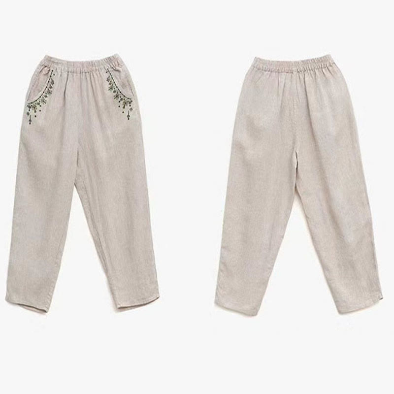 Buddha Stones Vintage Embroidery Elastic Waist Capri Harem Pants With Pockets - image 24
