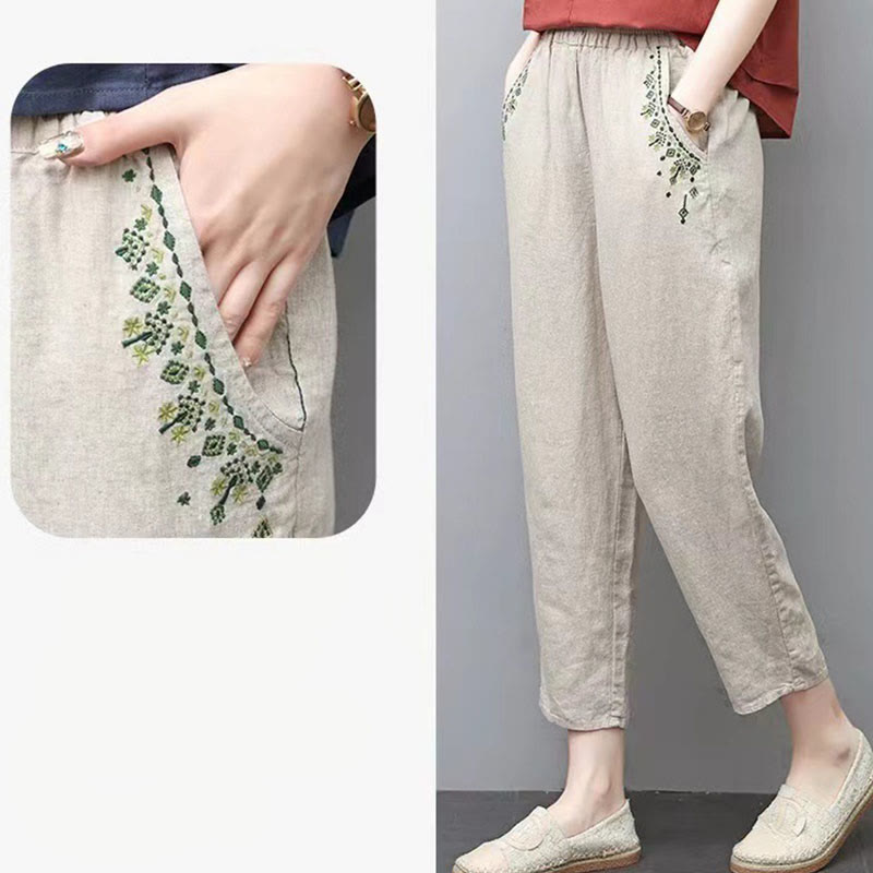 Buddha Stones Vintage Embroidery Elastic Waist Capri Harem Pants With Pockets - image 23