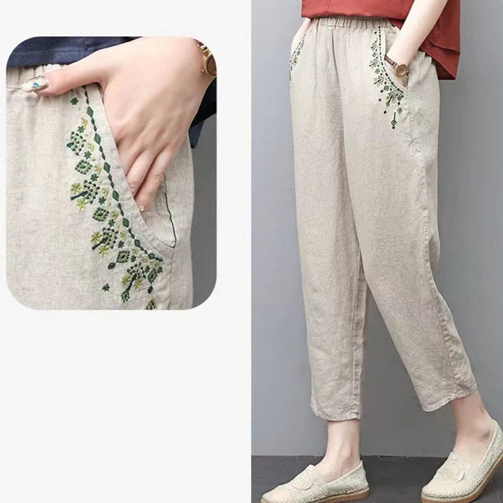 Buddha Stones Vintage Embroidery Elastic Waist Capri Harem Pants With Pockets - image 23