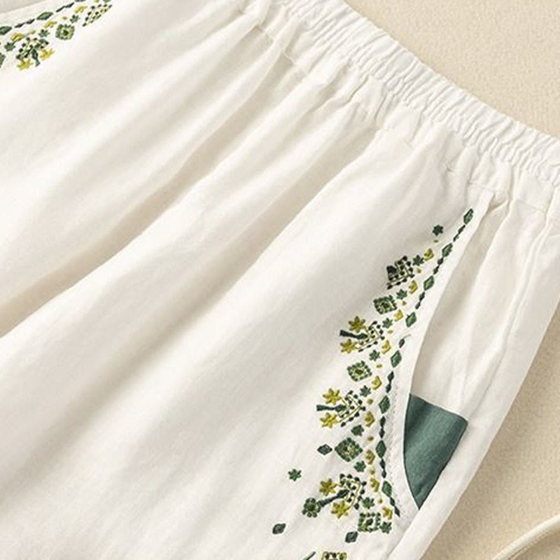 Buddha Stones Vintage Embroidery Elastic Waist Capri Harem Pants With Pockets - image 7