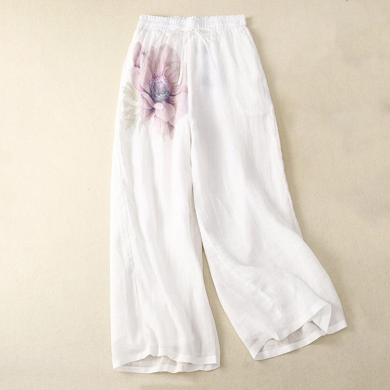 Buddha Stones Floral Print High Waist Cotton Linen Drawstring Wide Leg Pants With Pockets - White - US12，UK/AU16，EU44 (2XL) - image 0
