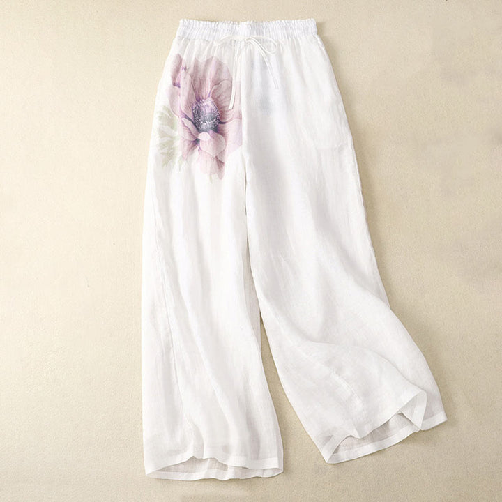Buddha Stones Floral Print High Waist Cotton Linen Drawstring Wide Leg Pants With Pockets - White - US12，UK/AU16，EU44 (2XL) - image 0