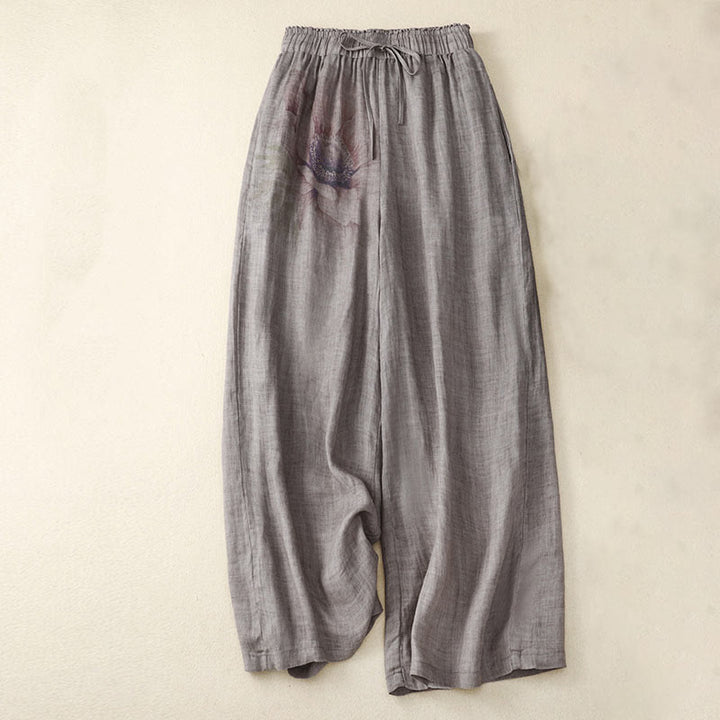 Buddha Stones Floral Print High Waist Cotton Linen Drawstring Wide Leg Pants With Pockets - Gray - US12，UK/AU16，EU44 (2XL) - image 6