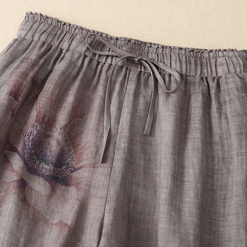 Buddha Stones Floral Print High Waist Cotton Linen Drawstring Wide Leg Pants With Pockets - image 8