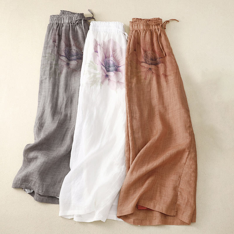 Buddha Stones Floral Print High Waist Cotton Linen Drawstring Wide Leg Pants With Pockets - image 1