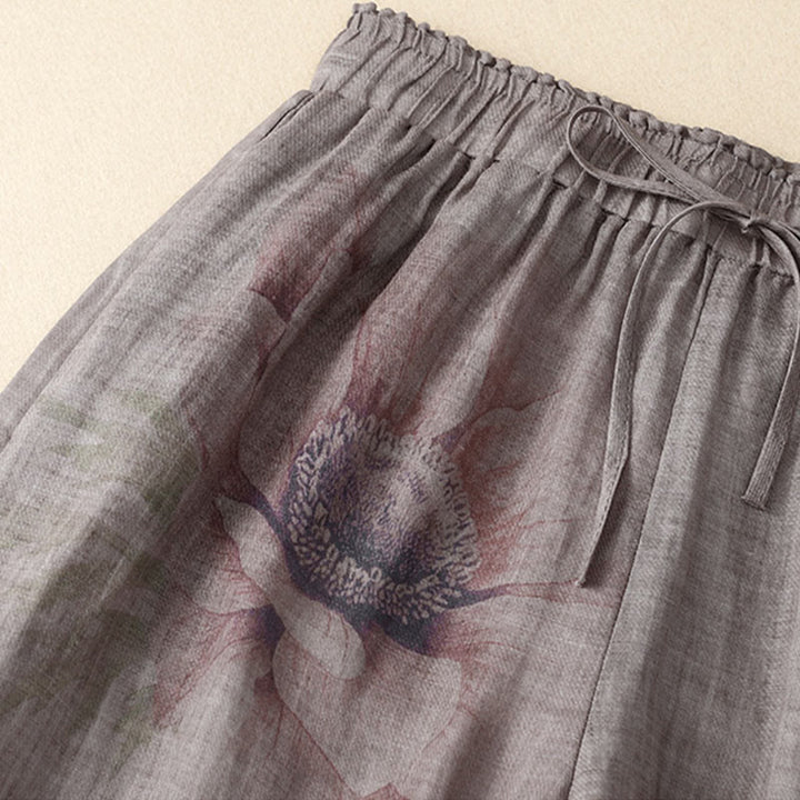 Buddha Stones Floral Print High Waist Cotton Linen Drawstring Wide Leg Pants With Pockets - image 7