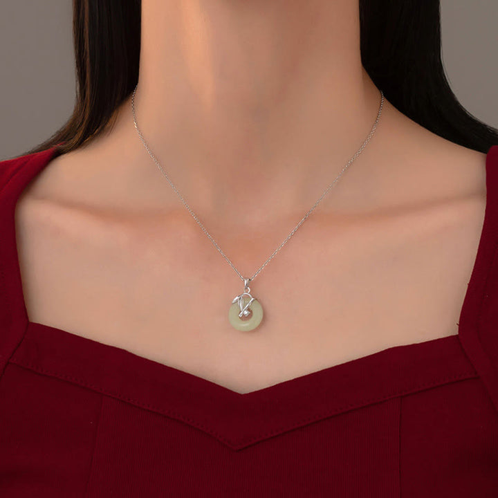 Buddha Stones 925 Sterling Silver Hetian Jade Bamboo Leaf Peace Buckle Prosperity Necklace Pendant - image 4