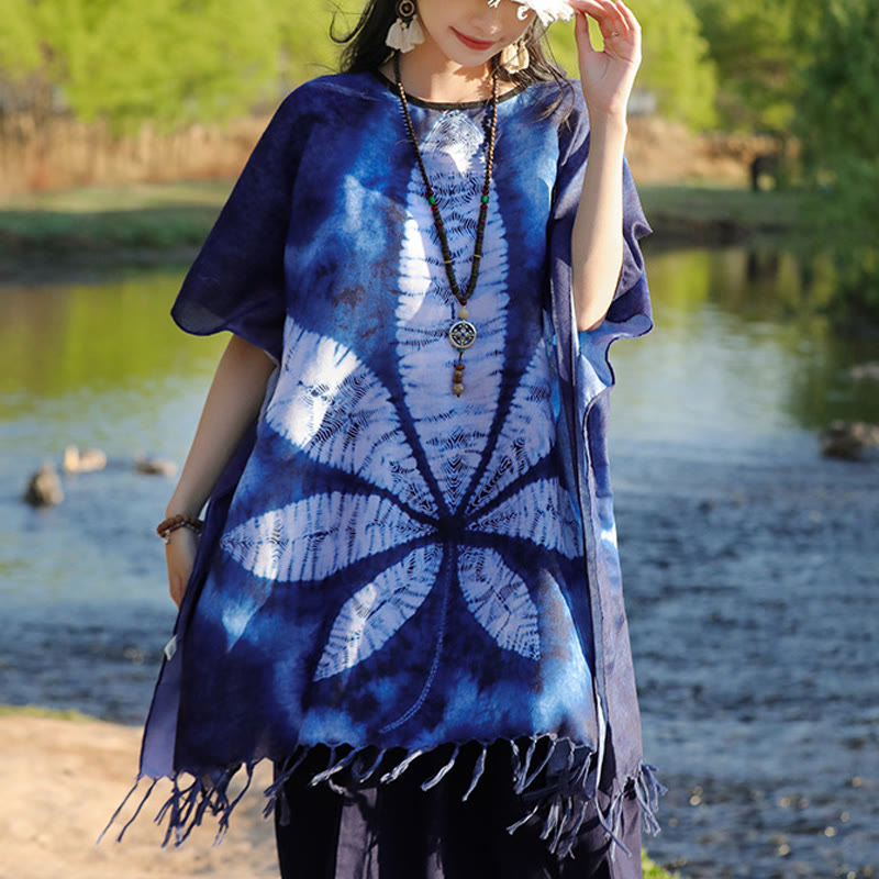 Buddha Stones Blue Batik Shawl Tassels Maple Leaf Cozy Travel Pullover 95*90cm - Blue 95*90cm - image 0