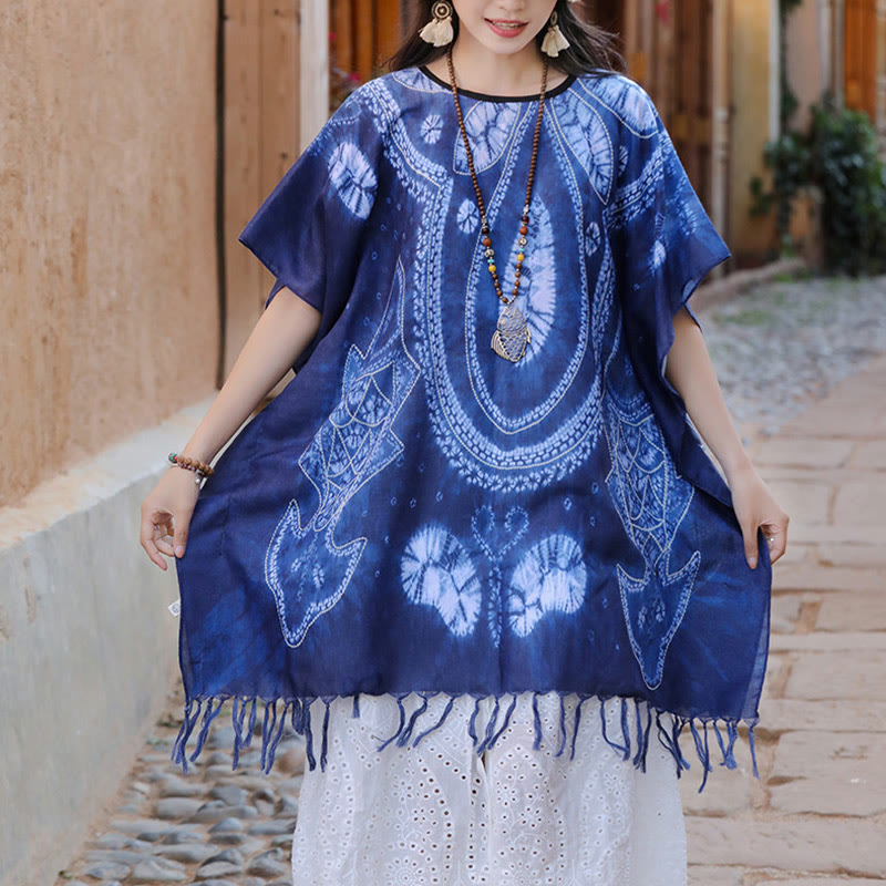 Buddha Stones Blue Geometry Batik Shawl Tassels Cozy Travel Pullover 90*95cm - image 6